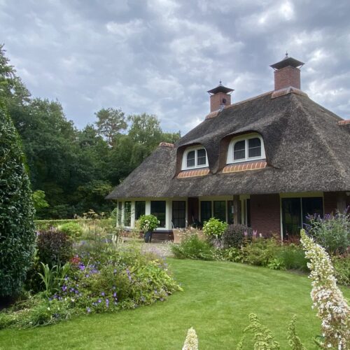 vlinder en vogelvriendelijke tuin bij rietgedekte woning